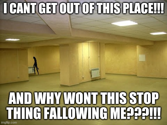 Backrooms | I CANT GET OUT OF THIS PLACE!!! AND WHY WONT THIS STOP THING FALLOWING ME???!!! | image tagged in backrooms | made w/ Imgflip meme maker