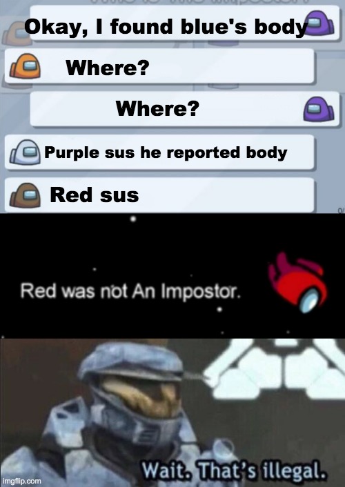 Okay, I found blue's body; Where? Where? Purple sus he reported body; Red sus | image tagged in wait that s illegal | made w/ Imgflip meme maker