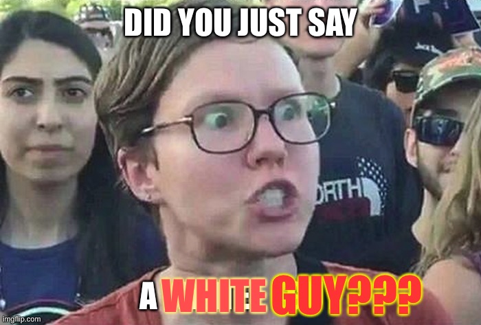 Triggered Liberal | DID YOU JUST SAY A WHITE      GUY WHITE GUY??? | image tagged in triggered liberal | made w/ Imgflip meme maker