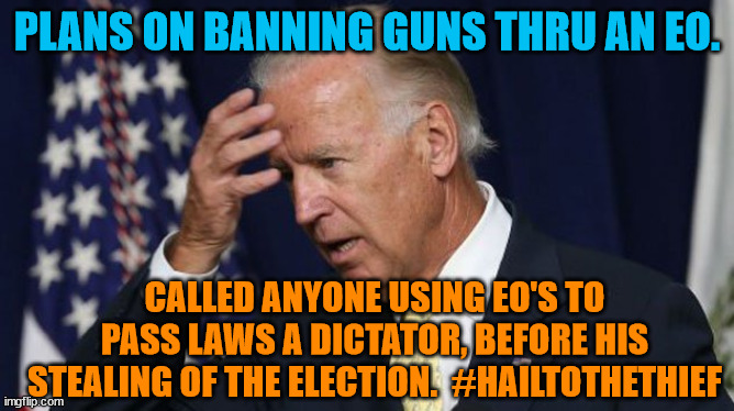 Joe Biden worries | PLANS ON BANNING GUNS THRU AN EO. CALLED ANYONE USING EO'S TO PASS LAWS A DICTATOR, BEFORE HIS STEALING OF THE ELECTION.  #HAILTOTHETHIEF | image tagged in joe biden worries | made w/ Imgflip meme maker