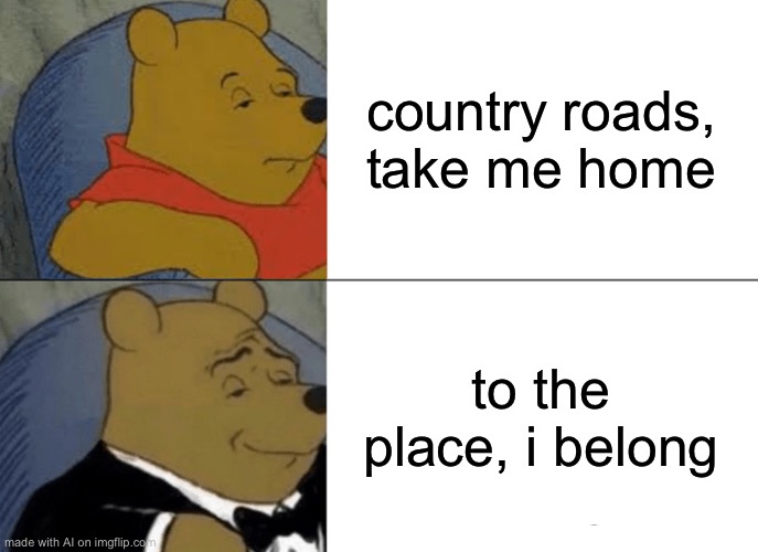Tuxedo Winnie The Pooh Meme | country roads, take me home; to the place, i belong | image tagged in memes,tuxedo winnie the pooh | made w/ Imgflip meme maker
