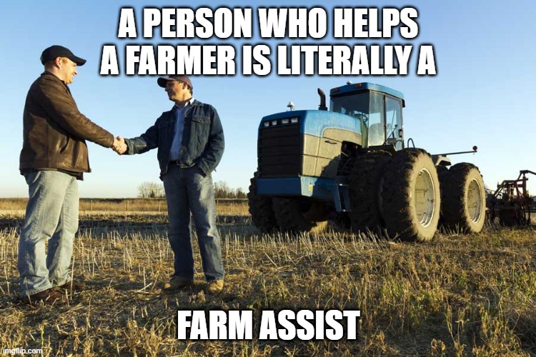 Assist | A PERSON WHO HELPS A FARMER IS LITERALLY A; FARM ASSIST | image tagged in farmer | made w/ Imgflip meme maker