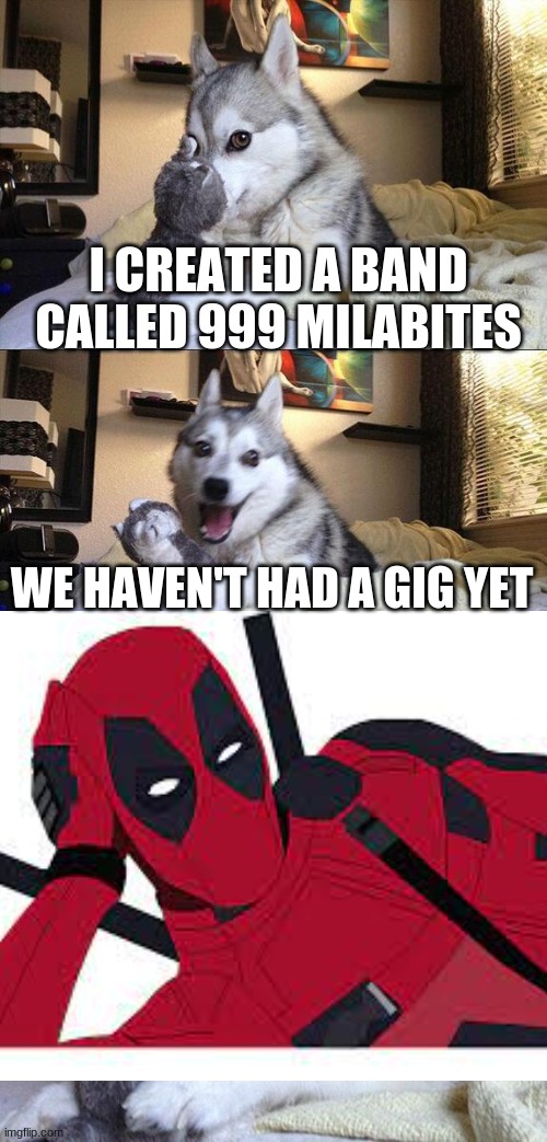 Bad Pun Dog | I CREATED A BAND CALLED 999 MILABITES; WE HAVEN'T HAD A GIG YET | image tagged in memes,bad pun dog,deadpool | made w/ Imgflip meme maker