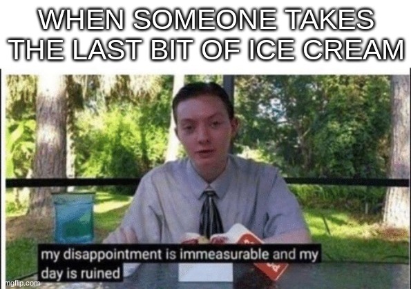 I need my ice cream! | WHEN SOMEONE TAKES THE LAST BIT OF ICE CREAM | image tagged in my dissapointment is immeasurable and my day is ruined,ice cream,sad | made w/ Imgflip meme maker