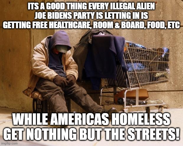 Homeless | ITS A GOOD THING EVERY ILLEGAL ALIEN JOE BIDENS PARTY IS LETTING IN IS GETTING FREE HEALTHCARE, ROOM & BOARD, FOOD, ETC; WHILE AMERICAS HOMELESS GET NOTHING BUT THE STREETS! | image tagged in homeless | made w/ Imgflip meme maker