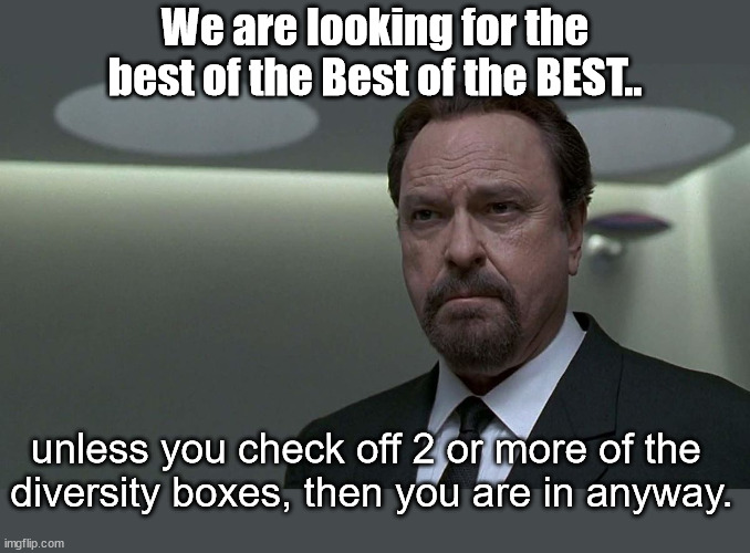 MIB 2021 | We are looking for the best of the Best of the BEST.. unless you check off 2 or more of the 
diversity boxes, then you are in anyway. | image tagged in men in black,diversity | made w/ Imgflip meme maker
