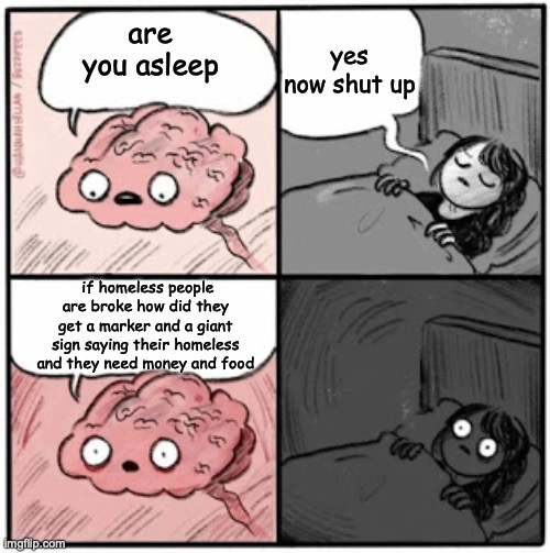 huge question | yes now shut up; are you asleep; if homeless people are broke how did they get a marker and a giant sign saying their homeless and they need money and food | image tagged in brain before sleep,memes | made w/ Imgflip meme maker