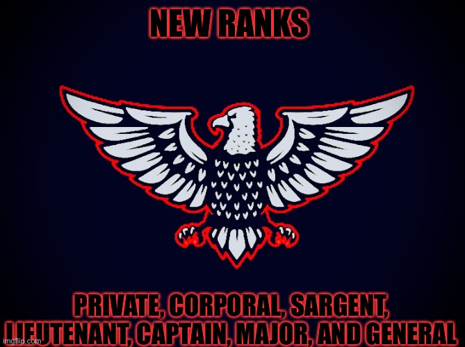 American Eagle | NEW RANKS; PRIVATE, CORPORAL, SARGENT, LIEUTENANT, CAPTAIN, MAJOR, AND GENERAL | image tagged in american eagle | made w/ Imgflip meme maker