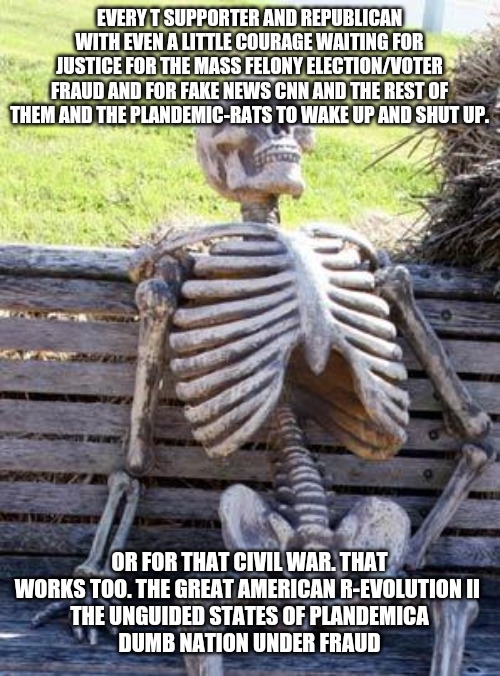 Waiting Skeleton Meme | EVERY T SUPPORTER AND REPUBLICAN WITH EVEN A LITTLE COURAGE WAITING FOR JUSTICE FOR THE MASS FELONY ELECTION/VOTER FRAUD AND FOR FAKE NEWS C | image tagged in memes,waiting skeleton | made w/ Imgflip meme maker