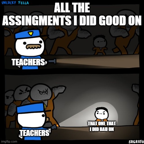 Srgrafo prison |  ALL THE ASSINGMENTS I DID GOOD ON; TEACHERS; THAT ONE THAT I DID BAD ON; TEACHERS | image tagged in srgrafo prison | made w/ Imgflip meme maker