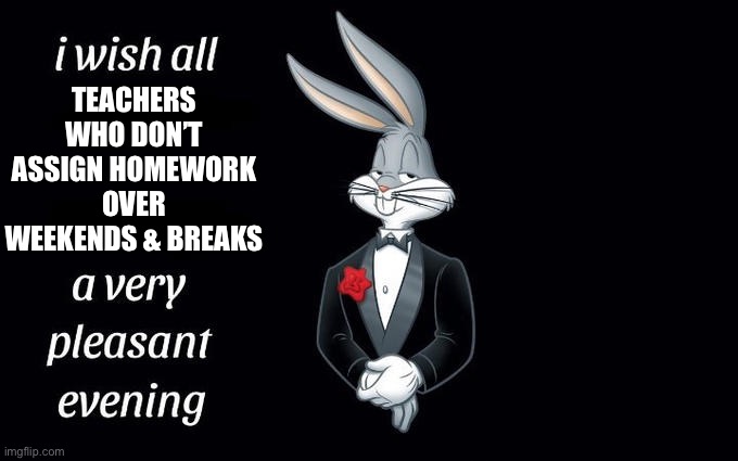 I wish all the X a very pleasant evening | TEACHERS WHO DON’T ASSIGN HOMEWORK OVER WEEKENDS & BREAKS | image tagged in i wish all the x a very pleasant evening | made w/ Imgflip meme maker