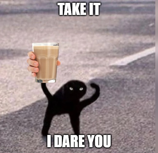 milky | TAKE IT; I DARE YOU | image tagged in cursed cat,choccy milk,black cat,i dare you | made w/ Imgflip meme maker