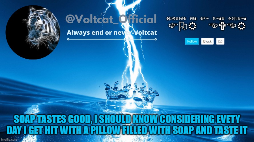 ha | SOAP TASTES GOOD, I SHOULD KNOW CONSIDERING EVETY DAY I GET HIT WITH A PILLOW FILLED WITH SOAP AND TASTE IT | image tagged in voltcat new template | made w/ Imgflip meme maker