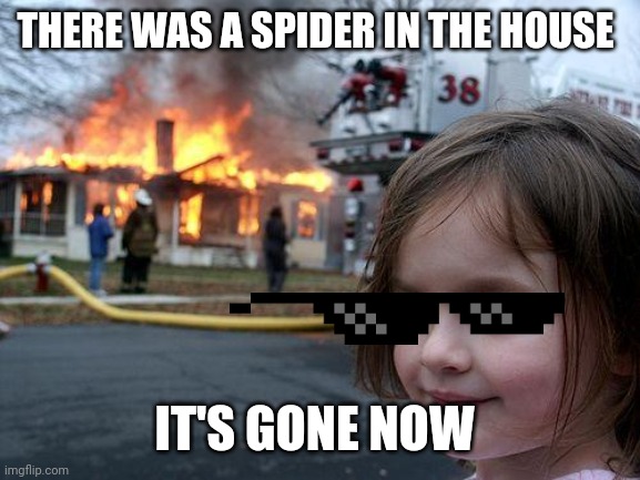 Disaster Girl | THERE WAS A SPIDER IN THE HOUSE; IT'S GONE NOW | image tagged in memes,disaster girl | made w/ Imgflip meme maker