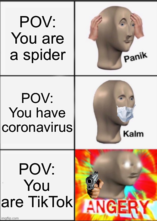 Yeah | POV: You are a spider; POV: You have coronavirus; POV: You are TikTok | image tagged in panik kalm angery | made w/ Imgflip meme maker