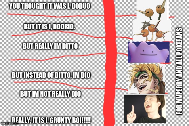 Free | YOU THOUGHT IT WAS I, DODUO; BUT IT IS I, DODRIO. BUT REALLY IM DITTO; FOR MVPERRY AND ALL POKEFANS; BUT INSTEAD OF DITTO, IM DIO; BUT IM NOT REALLY DIO; REALLY, IT IS I, GRUNTY BOI!!!!! | image tagged in free | made w/ Imgflip meme maker
