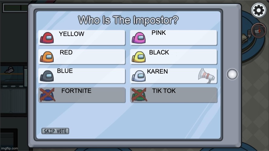 KARENS LOVE REPORTING TO THE MANAGER | PINK; YELLOW; RED; BLACK; BLUE; KAREN; FORTNITE; TIK TOK | image tagged in among us voting screen template | made w/ Imgflip meme maker
