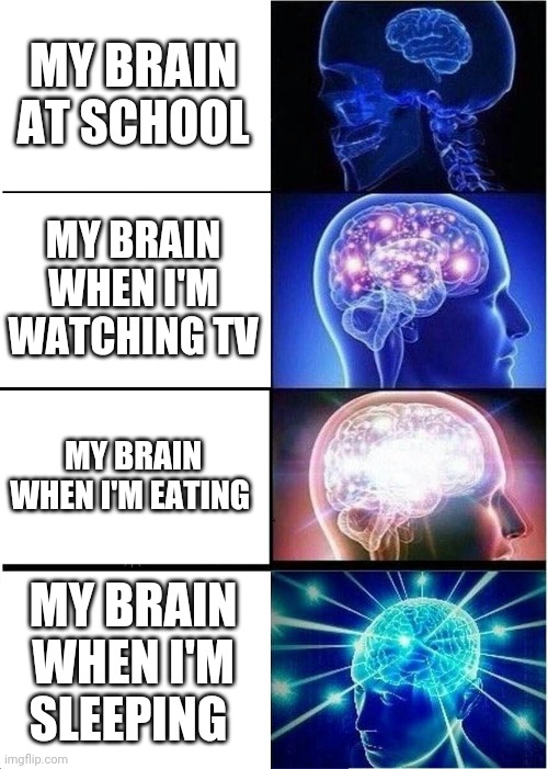 Expanding Brain Meme | MY BRAIN AT SCHOOL; MY BRAIN WHEN I'M WATCHING TV; MY BRAIN WHEN I'M EATING; MY BRAIN WHEN I'M SLEEPING | image tagged in memes,expanding brain | made w/ Imgflip meme maker