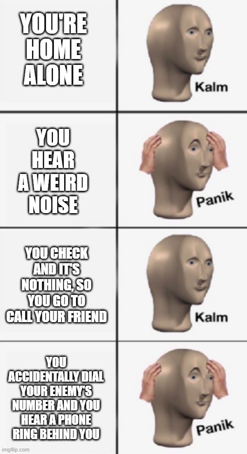 You should probably get out of the house ASAP. | YOU'RE HOME ALONE; YOU HEAR A WEIRD NOISE; YOU CHECK AND IT'S NOTHING, SO YOU GO TO CALL YOUR FRIEND; YOU ACCIDENTALLY DIAL YOUR ENEMY'S NUMBER AND YOU HEAR A PHONE RING BEHIND YOU | image tagged in kalm panik kalm panik | made w/ Imgflip meme maker