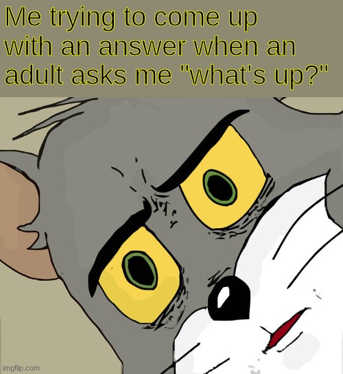 Lol I hate this | Me trying to come up with an answer when an adult asks me "what's up?" | image tagged in memes,unsettled tom | made w/ Imgflip meme maker