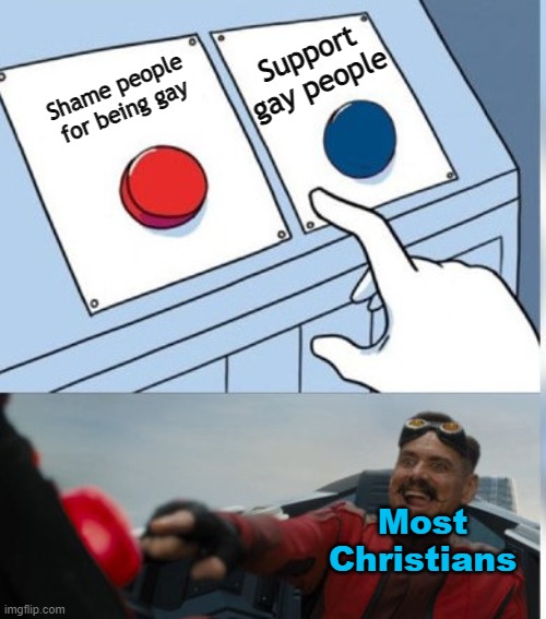Two Buttons Eggman | Support gay people; Shame people for being gay; Most Christians | image tagged in two buttons eggman | made w/ Imgflip meme maker