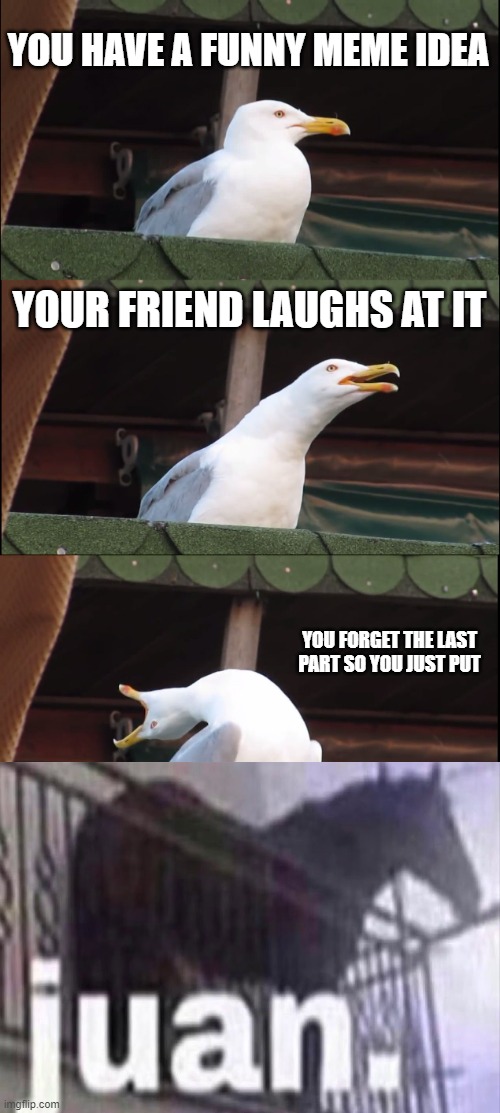 Inhaling Seagull | YOU HAVE A FUNNY MEME IDEA; YOUR FRIEND LAUGHS AT IT; YOU FORGET THE LAST PART SO YOU JUST PUT | image tagged in memes,inhaling seagull | made w/ Imgflip meme maker