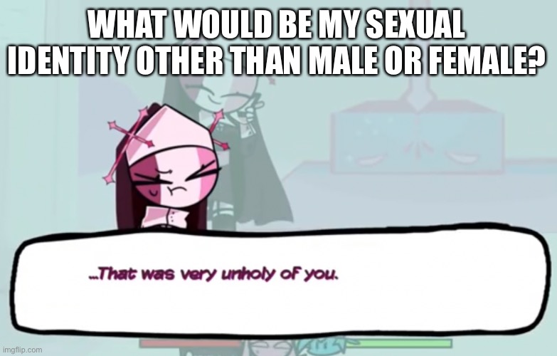 E | WHAT WOULD BE MY SEXUAL IDENTITY OTHER THAN MALE OR FEMALE? | image tagged in that was very unholy of you | made w/ Imgflip meme maker
