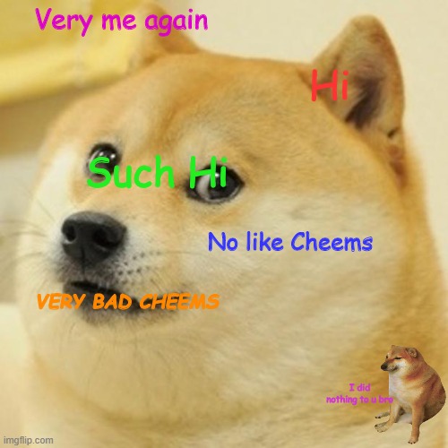 Interview with Doge #4 | Very me again; Hi; Such Hi; No like Cheems; VERY BAD CHEEMS; I did nothing to u bro | image tagged in memes,doge | made w/ Imgflip meme maker