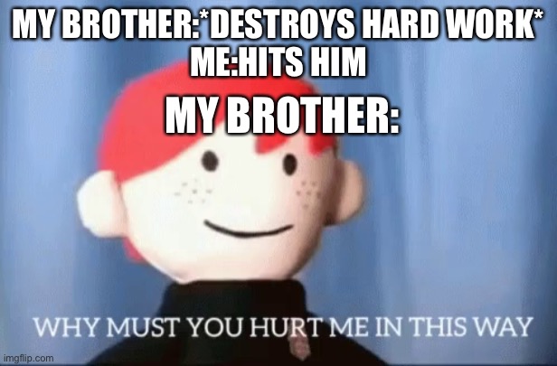 why must you hurt me in this way | MY BROTHER:*DESTROYS HARD WORK*
ME:HITS HIM; MY BROTHER: | image tagged in why must you hurt me in this way | made w/ Imgflip meme maker