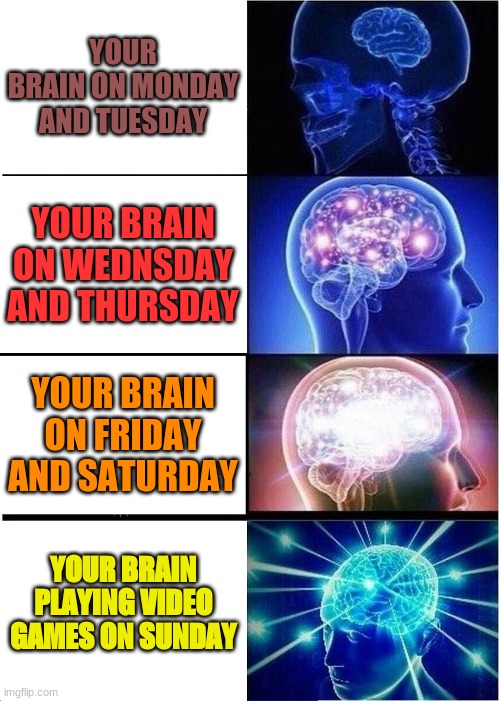days of the week | YOUR BRAIN ON MONDAY AND TUESDAY; YOUR BRAIN ON WEDNSDAY AND THURSDAY; YOUR BRAIN ON FRIDAY AND SATURDAY; YOUR BRAIN PLAYING VIDEO GAMES ON SUNDAY | image tagged in memes,expanding brain | made w/ Imgflip meme maker
