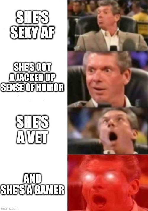 Mr. McMahon reaction | SHE'S SEXY AF; SHE'S GOT A JACKED UP SENSE OF HUMOR; SHE'S A VET; AND SHE'S A GAMER | image tagged in mr mcmahon reaction | made w/ Imgflip meme maker