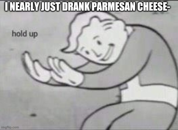 Wait why did I just do that- | I NEARLY JUST DRANK PARMESAN CHEESE- | image tagged in fallout hold up,pizza time stops,cheese | made w/ Imgflip meme maker