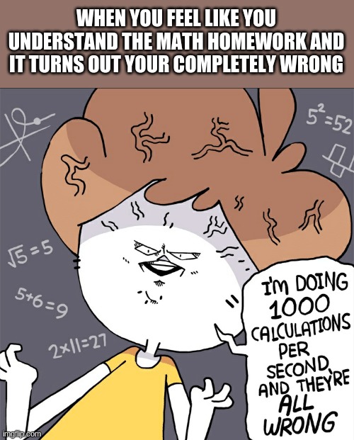 Im doing 1000 calculation per second and they're all wrong | WHEN YOU FEEL LIKE YOU UNDERSTAND THE MATH HOMEWORK AND IT TURNS OUT YOUR COMPLETELY WRONG | image tagged in im doing 1000 calculation per second and they're all wrong,fun,school | made w/ Imgflip meme maker