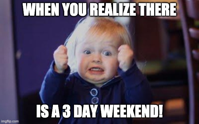 excited kid | WHEN YOU REALIZE THERE; IS A 3 DAY WEEKEND! | image tagged in excited kid | made w/ Imgflip meme maker