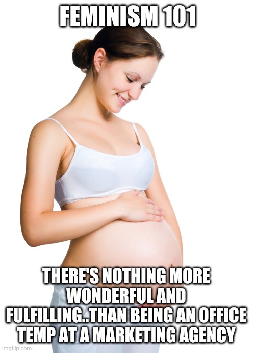 Pregnant woman | FEMINISM 101; THERE'S NOTHING MORE WONDERFUL AND FULFILLING..THAN BEING AN OFFICE TEMP AT A MARKETING AGENCY | image tagged in pregnant woman | made w/ Imgflip meme maker