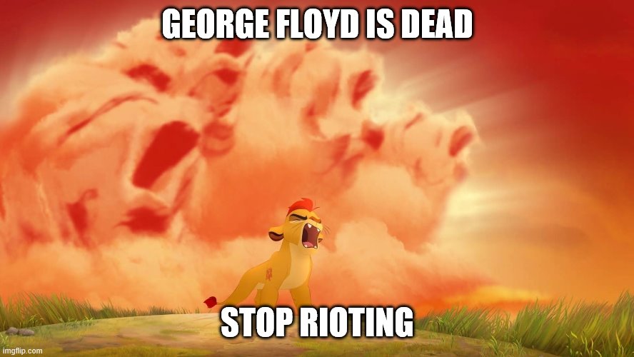 Kion roar 2 | GEORGE FLOYD IS DEAD; STOP RIOTING | image tagged in kion roar 2 | made w/ Imgflip meme maker