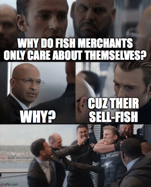 Captain America Elevator Fight | WHY DO FISH MERCHANTS ONLY CARE ABOUT THEMSELVES? WHY? CUZ THEIR SELL-FISH | image tagged in captain america elevator fight | made w/ Imgflip meme maker