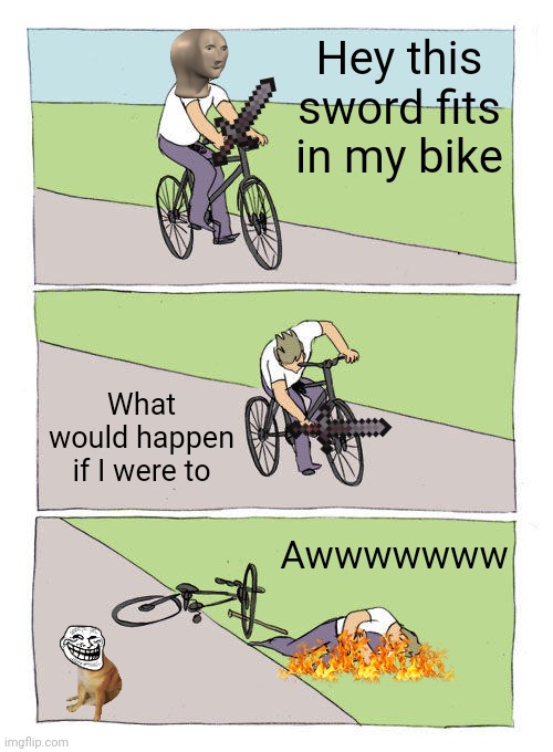 Sword Bike | Hey this sword fits in my bike; What would happen if I were to; Awwwwwww | image tagged in memes,bike fall | made w/ Imgflip meme maker