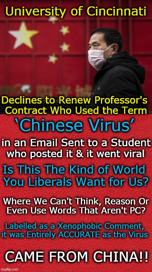 Panties in a Wad? You Must Be a Liberal! |  University of Cincinnati; Declines to Renew Professor's 
Contract Who Used the Term; ‘Chinese Virus’; in an Email Sent to a Student; who posted it & it went viral; Is This The Kind of World 
You Liberals Want for Us? Where We Can't Think, Reason Or
Even Use Words That Aren't PC? Labelled as a Xenophobic Comment, 
it was Entirely ACCURATE as the Virus; CAME FROM CHINA!! | image tagged in political meme,liberalism,politically correct,chinese virus,liberalism is a mental disorder,pc | made w/ Imgflip meme maker