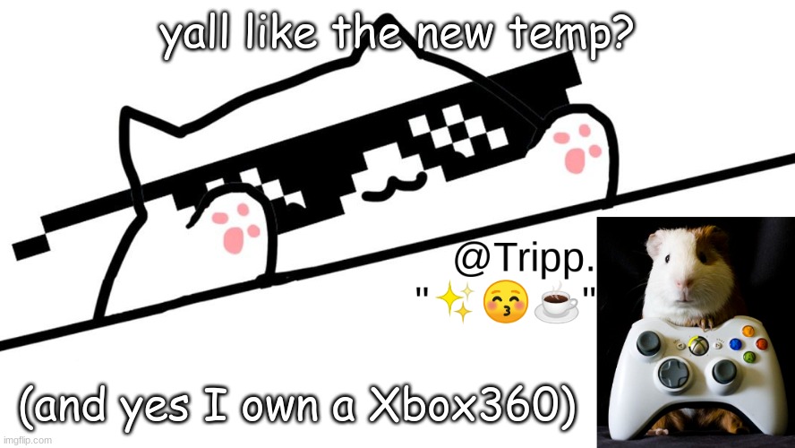 New temp baby! :D | yall like the new temp? (and yes I own a Xbox360) | image tagged in tripp 's very awesome temp d,skrrr,ah ha ha | made w/ Imgflip meme maker