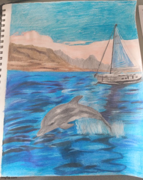 I drew this with pencil crayons and graphite pencils. | image tagged in dolphin,sail boat,drawing | made w/ Imgflip meme maker