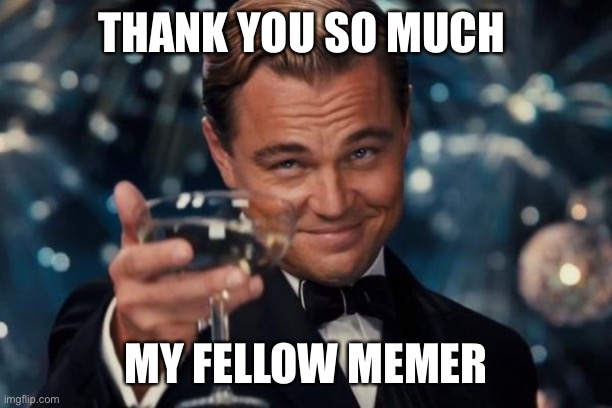 Leonardo Dicaprio Cheers Meme | THANK YOU SO MUCH MY FELLOW MEMER | image tagged in memes,leonardo dicaprio cheers | made w/ Imgflip meme maker