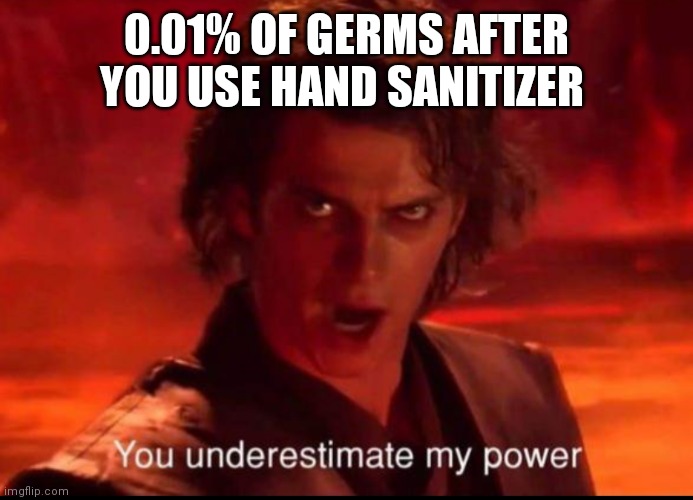 You underestimate my power | 0.01% OF GERMS AFTER YOU USE HAND SANITIZER | image tagged in you underestimate my power | made w/ Imgflip meme maker