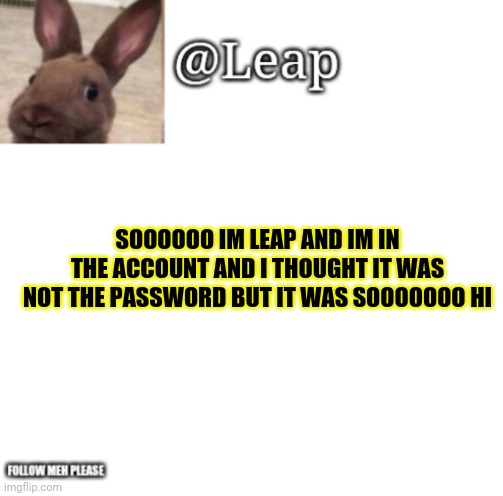 ~Leap | SOOOOOO IM LEAP AND IM IN THE ACCOUNT AND I THOUGHT IT WAS NOT THE PASSWORD BUT IT WAS SOOOOOOO HI | image tagged in leaps template | made w/ Imgflip meme maker