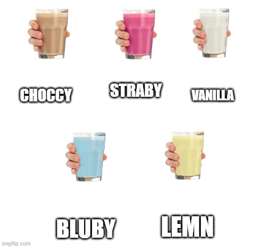 milk | VANILLA; CHOCCY; STRABY; LEMN; BLUBY | image tagged in blank white template | made w/ Imgflip meme maker