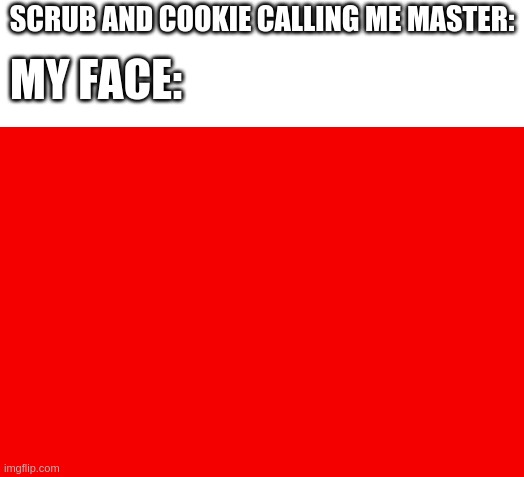 *slapping myself* | MY FACE:; SCRUB AND COOKIE CALLING ME MASTER: | image tagged in plain red | made w/ Imgflip meme maker