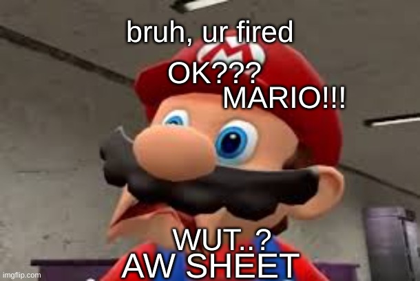 Mario Scared Face | bruh, ur fired; OK??? MARIO!!! WUT..? AW SHEET | image tagged in mario scared face,ur fired,mario | made w/ Imgflip meme maker