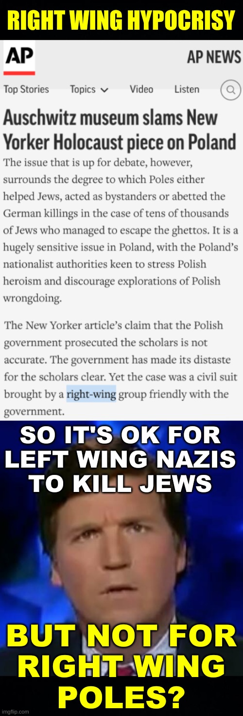 double standard | RIGHT WING HYPOCRISY; SO IT'S OK FOR
LEFT WING NAZIS
TO KILL JEWS; BUT NOT FOR
RIGHT WING
POLES? | image tagged in confused tucker carlson,nazism,holocaust,conservative hypocrisy,white nationalism,poland | made w/ Imgflip meme maker