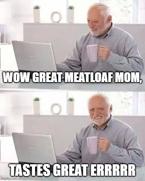 MEATLOAF | WOW GREAT MEATLOAF MOM, TASTES GREAT ERRRRR | image tagged in memes,hide the pain harold | made w/ Imgflip meme maker