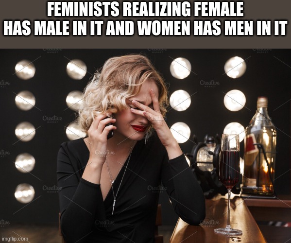 idk if this is a repost | FEMINISTS REALIZING FEMALE HAS MALE IN IT AND WOMEN HAS MEN IN IT | image tagged in karen crying,angry feminist | made w/ Imgflip meme maker
